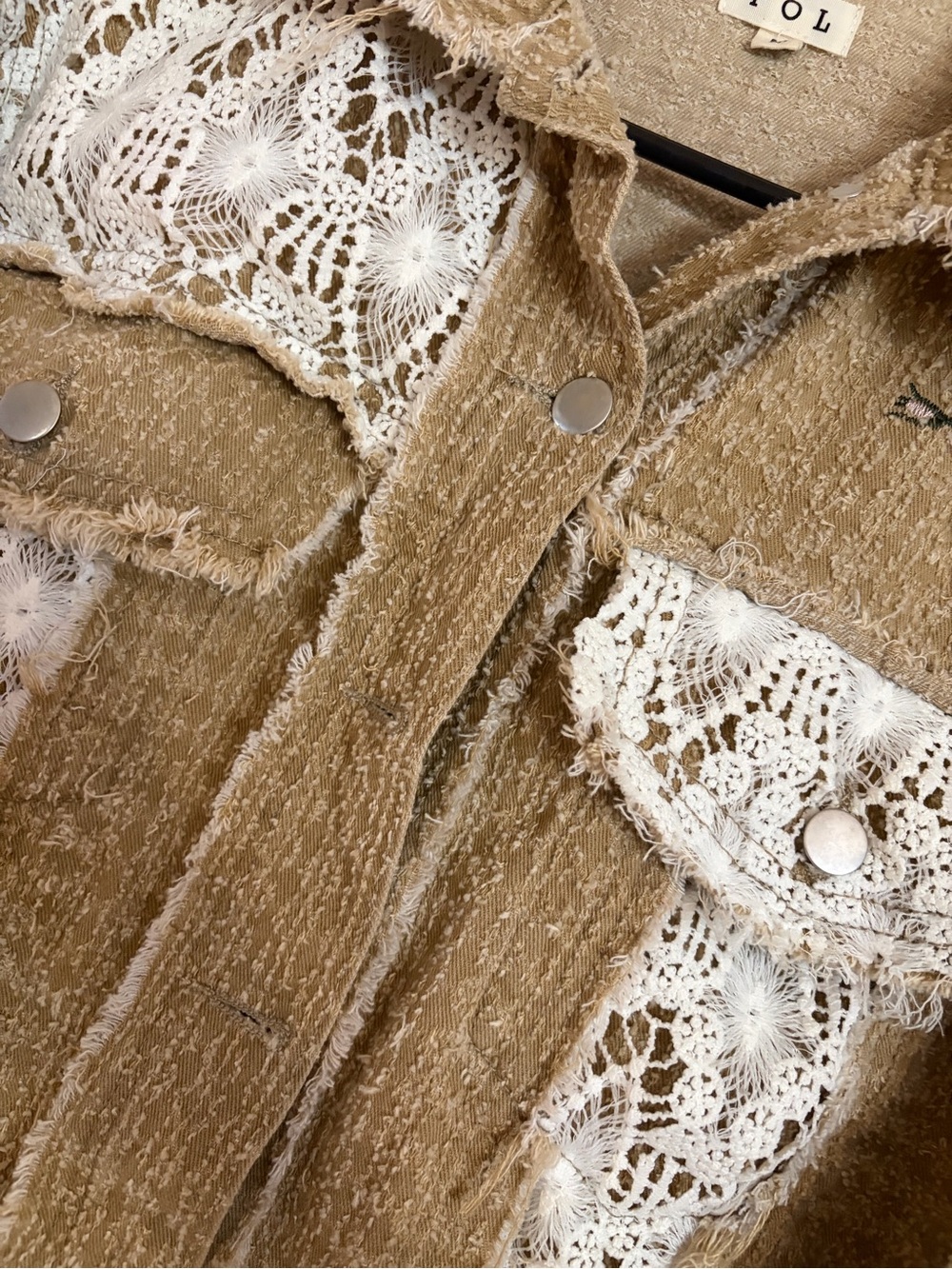 POL Tan Crochet-Accent Jacket with Embroidered Rose & Peace - Picture 5 of 7